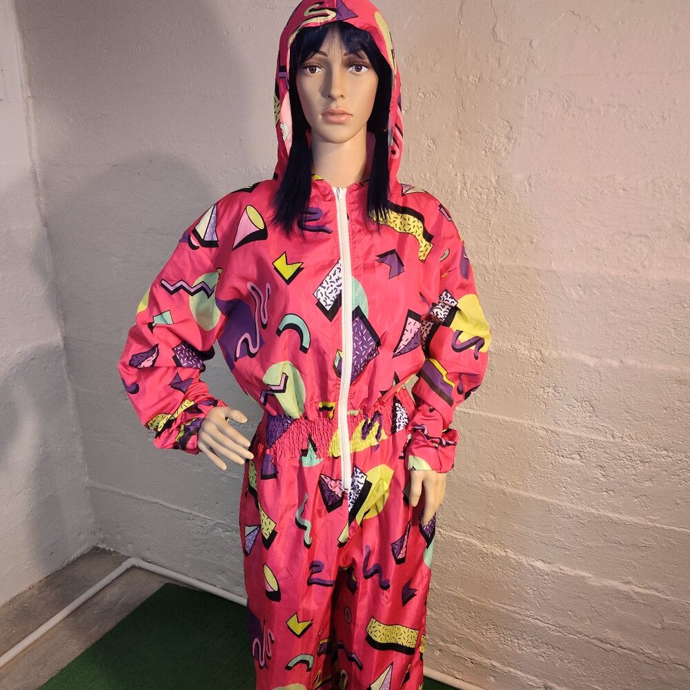 Unbranded 90's Style Hot Pink Neon Zipper Long Sleeve Hooded Jumpsuit Size XL